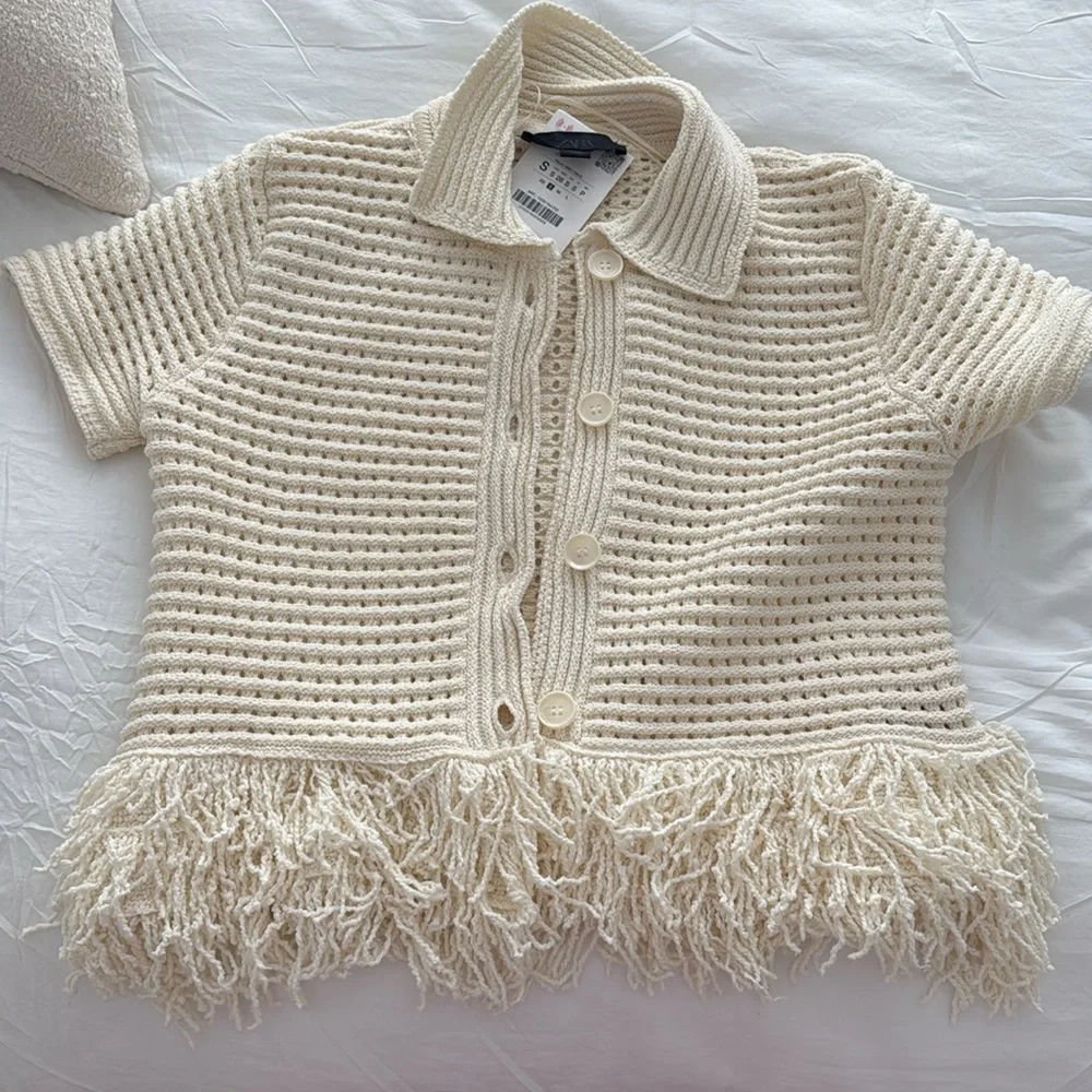 Zara Cream Knit Fringe Short Sleeve Top - Picture 2 of 2